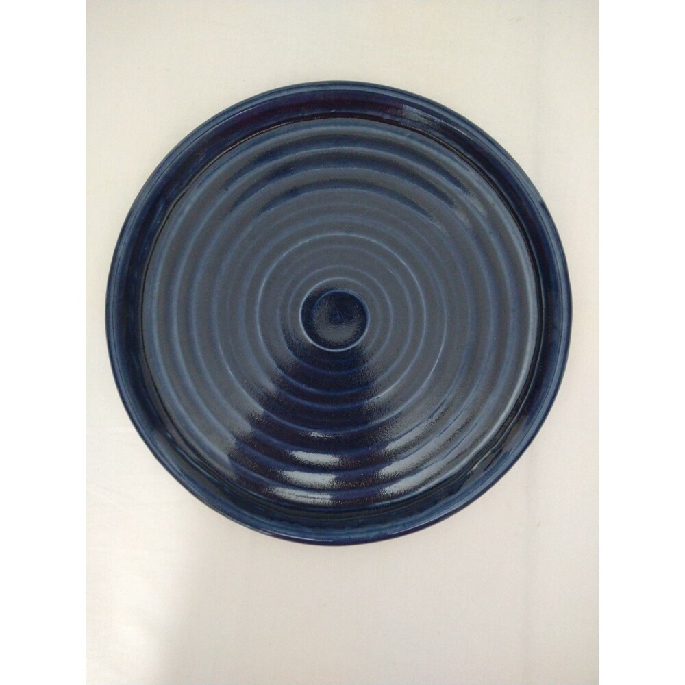 Handmade Signed Art Pottery Plate Dish Blue Swirl Rings Round Plant Drainage